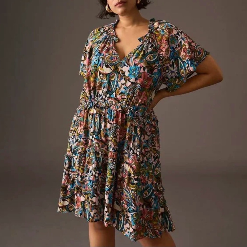 XL By Anthropologie-Robin green blue + pink Paisley tiered ruffle mini dress.XL - Picture 15 of 16